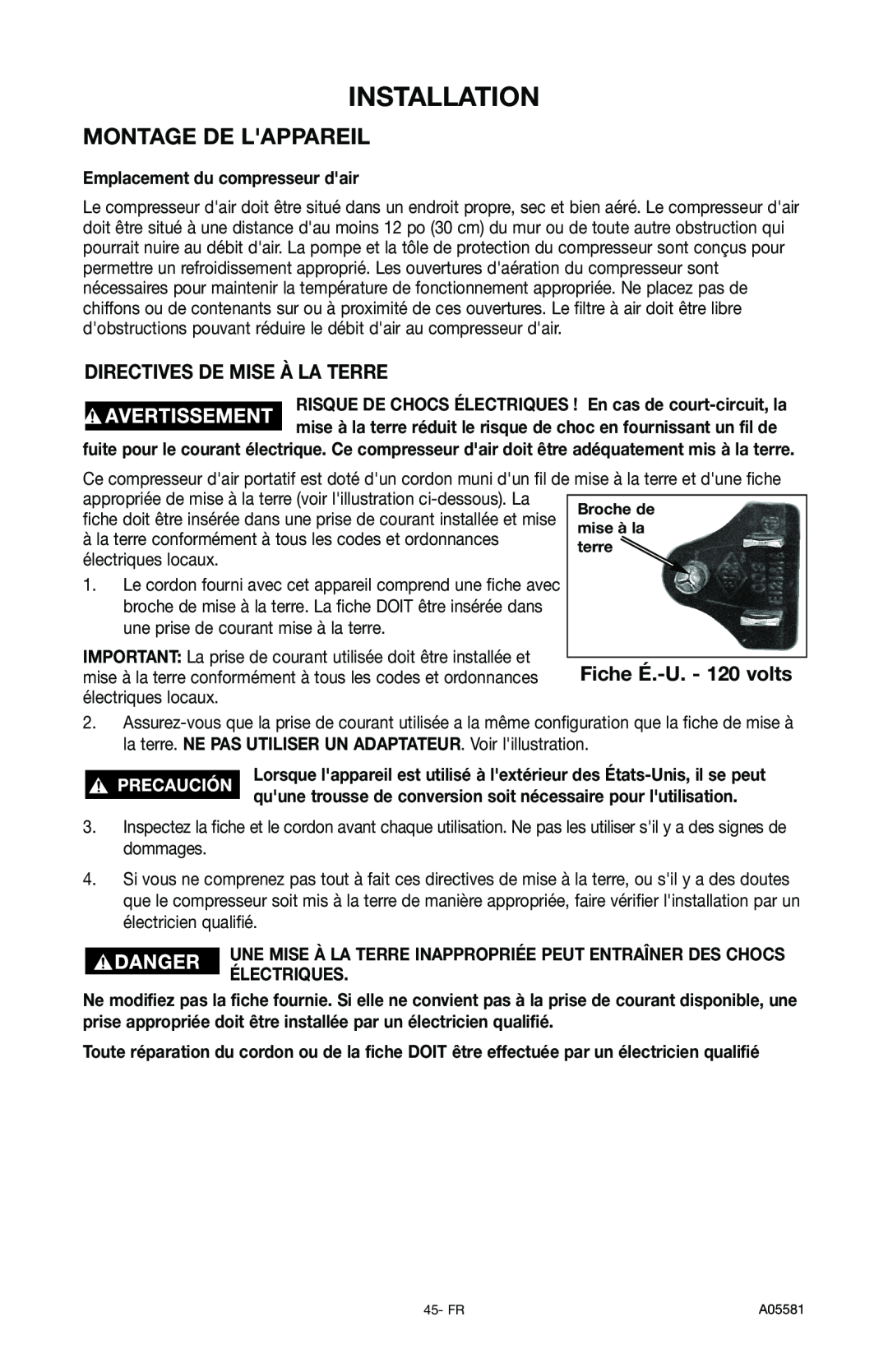 Delta CP201, A05581 Montage De Lappareil, Directives De Mise À La Terre, Installation, Emplacement du compresseur dair 