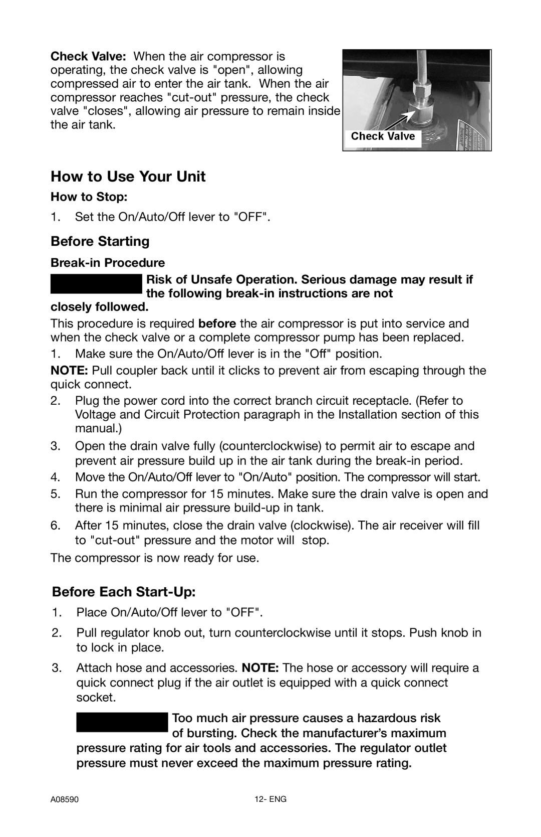 Delta A08590 instruction manual Before Starting, Before Each Start-Up, How to Stop, Check Valve 