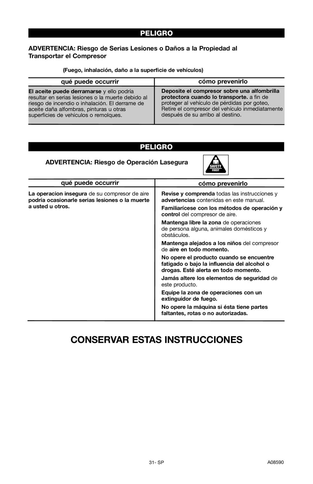 Delta A08590 instruction manual Advertencia Riesgo de Operación Lasegura Qué puede occurrir 