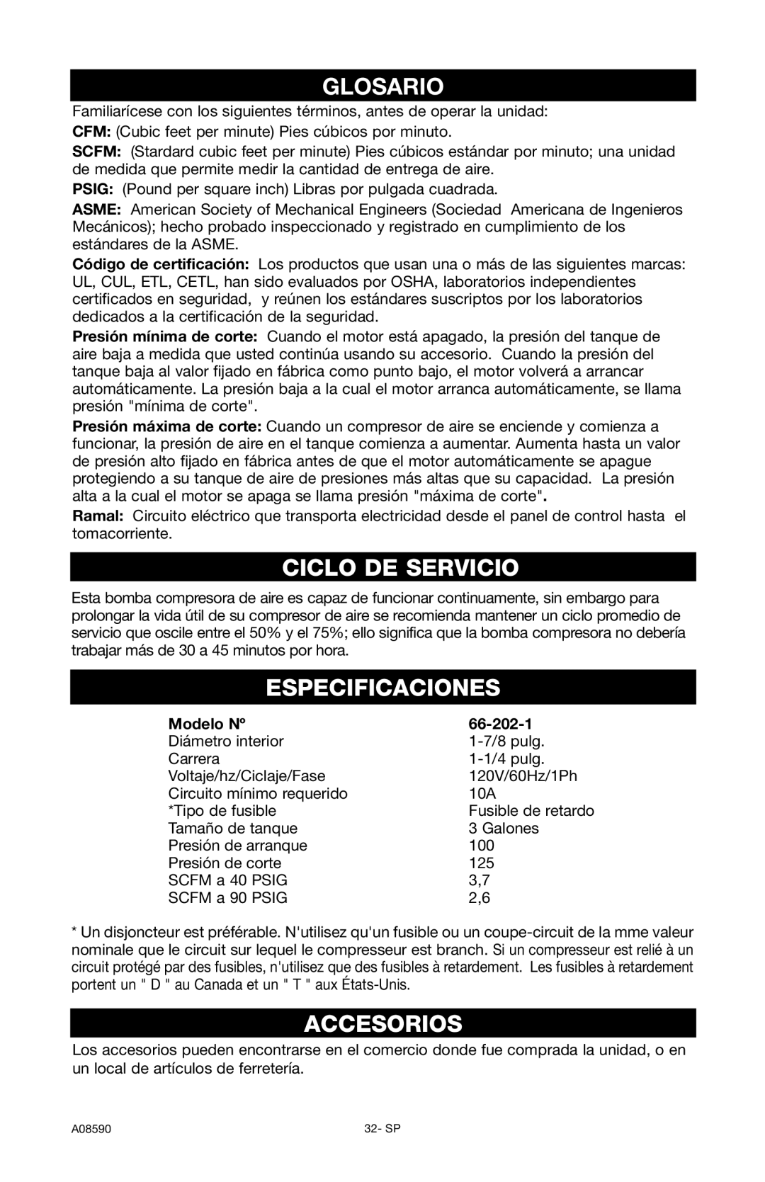 Delta A08590 instruction manual Glosario, Ciclo DE Servicio, Especificaciones, Accesorios, Modelo Nº 66-202-1 