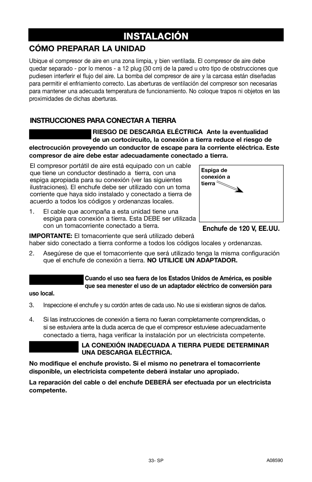 Delta A08590 instruction manual Instalación, Enchufe de 120 V, EE.UU, Uso local 