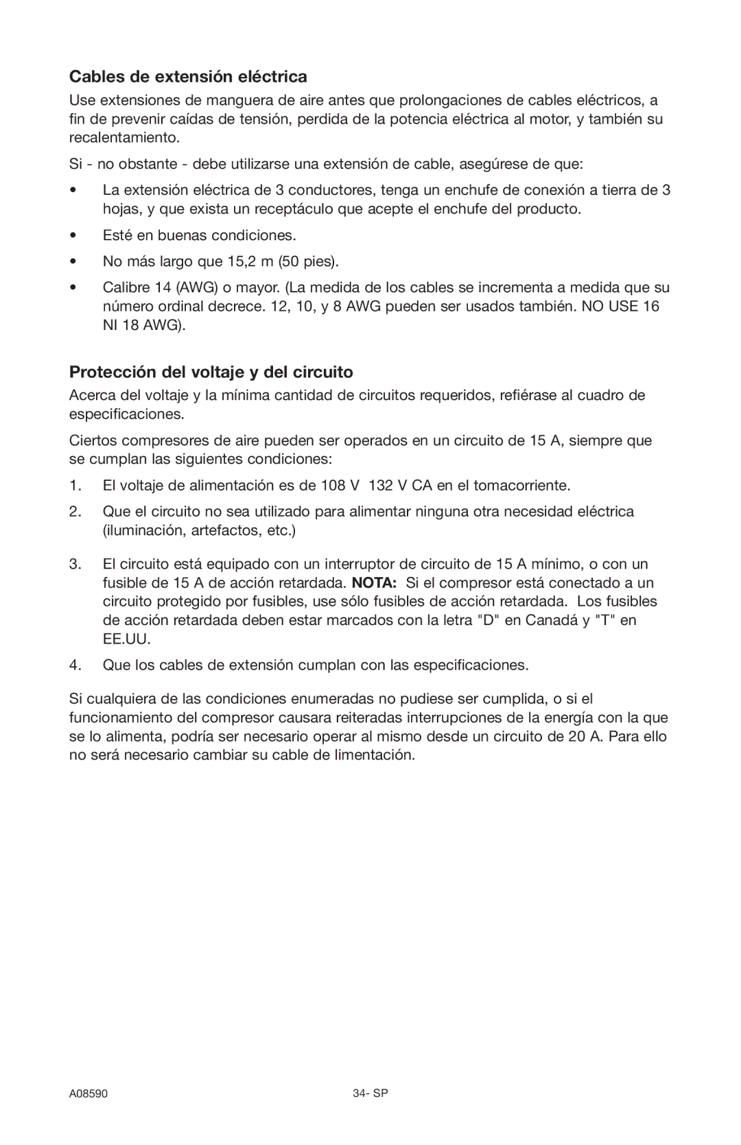 Delta A08590 instruction manual Cables de extensión eléctrica, Protección del voltaje y del circuito 