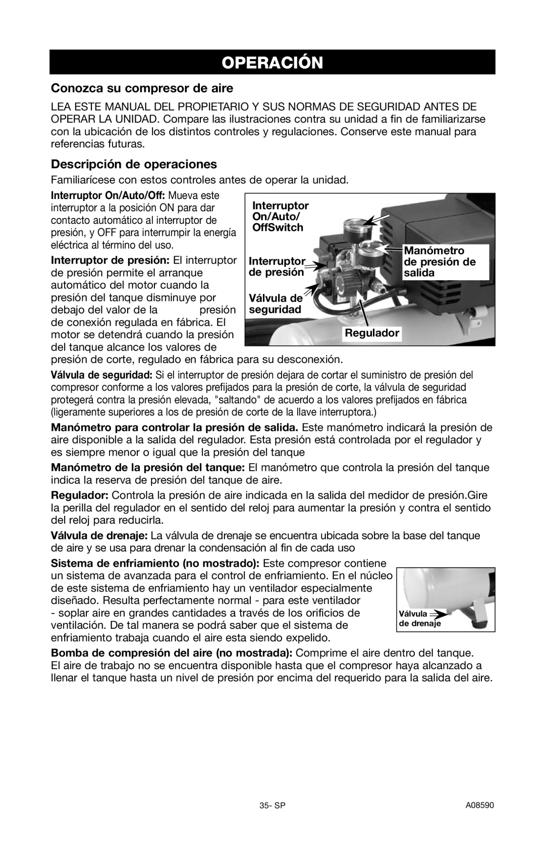 Delta A08590 instruction manual Operación, Conozca su compresor de aire, Descripción de operaciones 