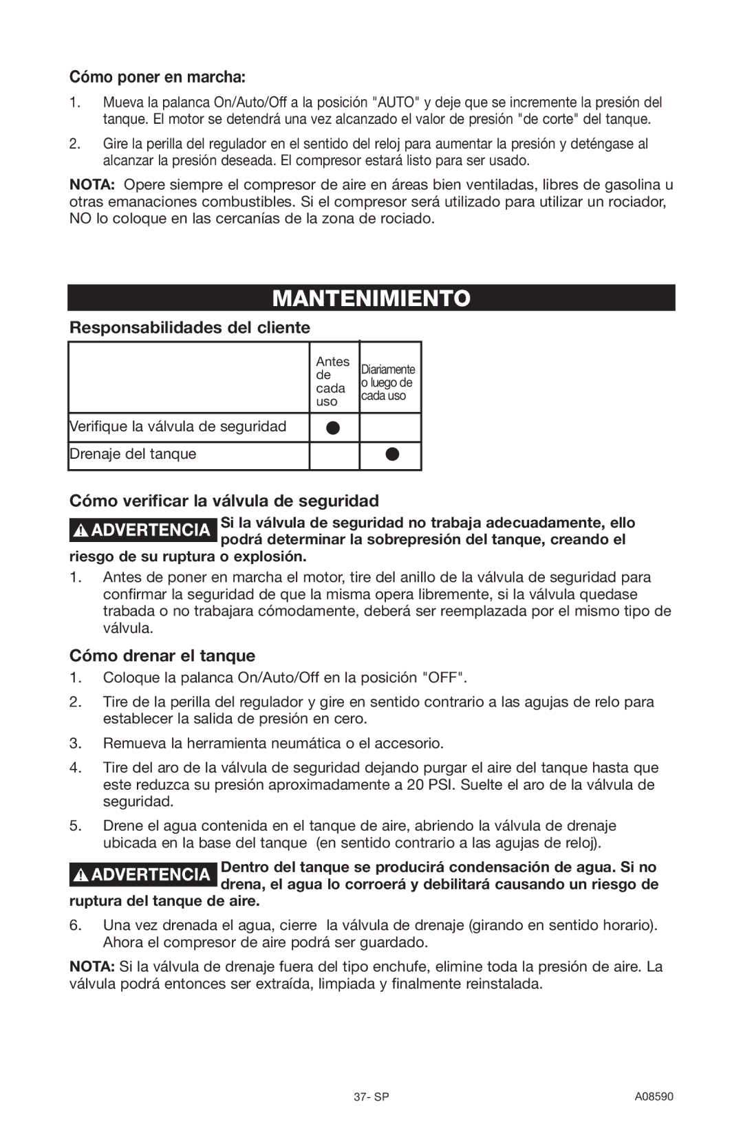 Delta A08590 Mantenimiento, Cómo poner en marcha, Responsabilidades del cliente, Cómo verificar la válvula de seguridad 