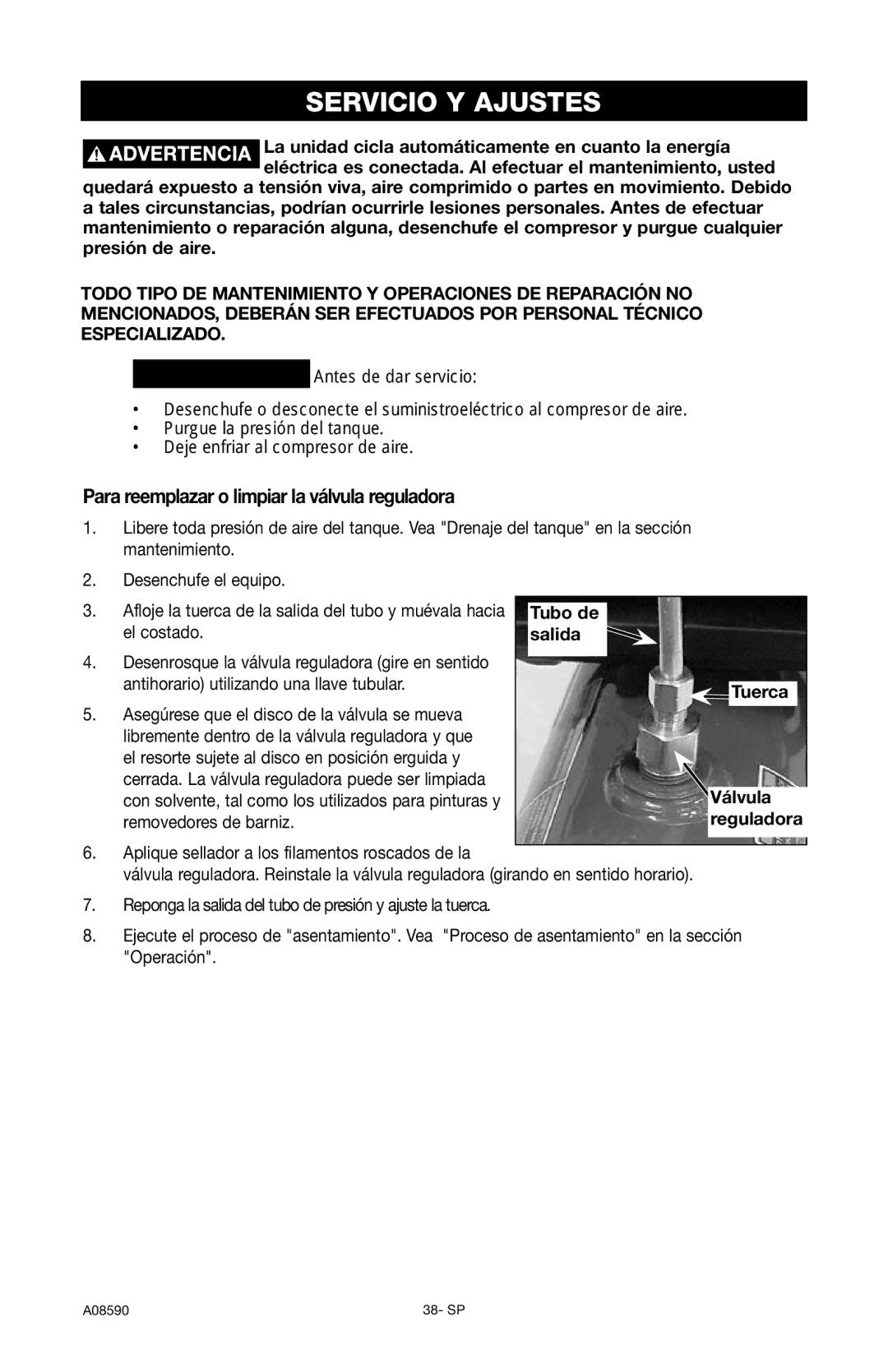 Delta A08590 Servicio Y Ajustes, Para reemplazar o limpiar la válvula reguladora, Tuerca Válvula reguladora 