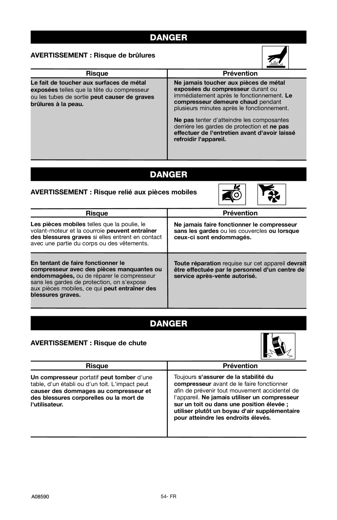 Delta A08590 instruction manual Avertissement Risque de brûlures, Avertissement Risque relié aux pièces mobiles 