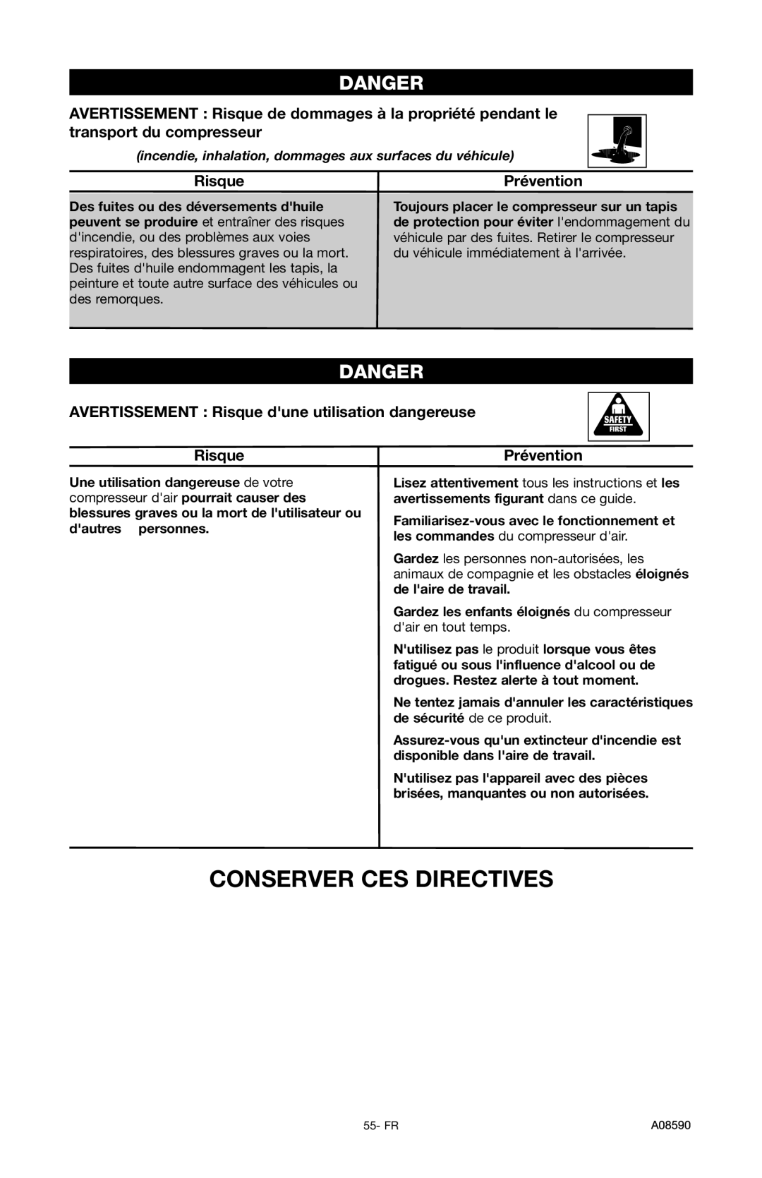 Delta A08590 instruction manual Avertissement Risque de dommages à la propriété pendant le, Transport du compresseur 