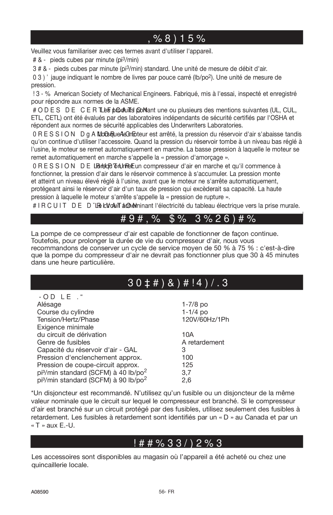 Delta A08590 instruction manual Lexique, Cycle DE Service, Spécifications, Accessoires, Modèle N 66-202-1 