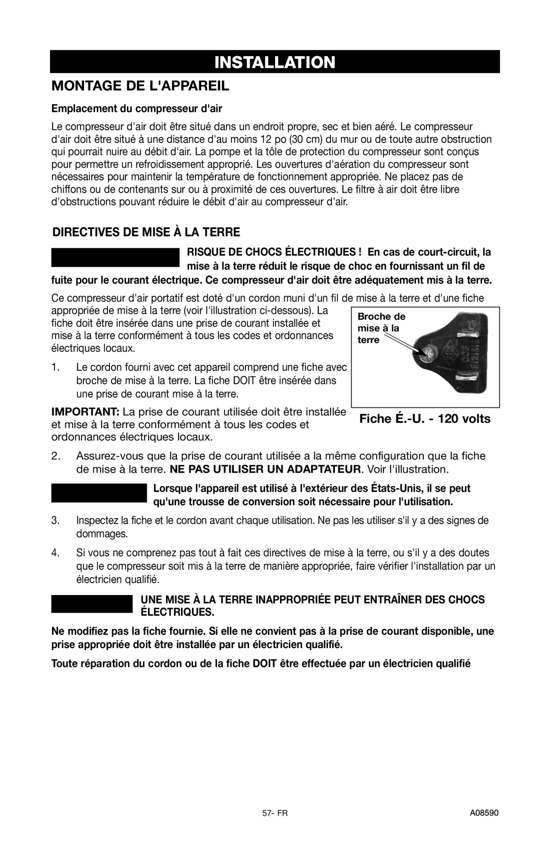 Delta A08590 instruction manual Montage DE Lappareil, Emplacement du compresseur dair 