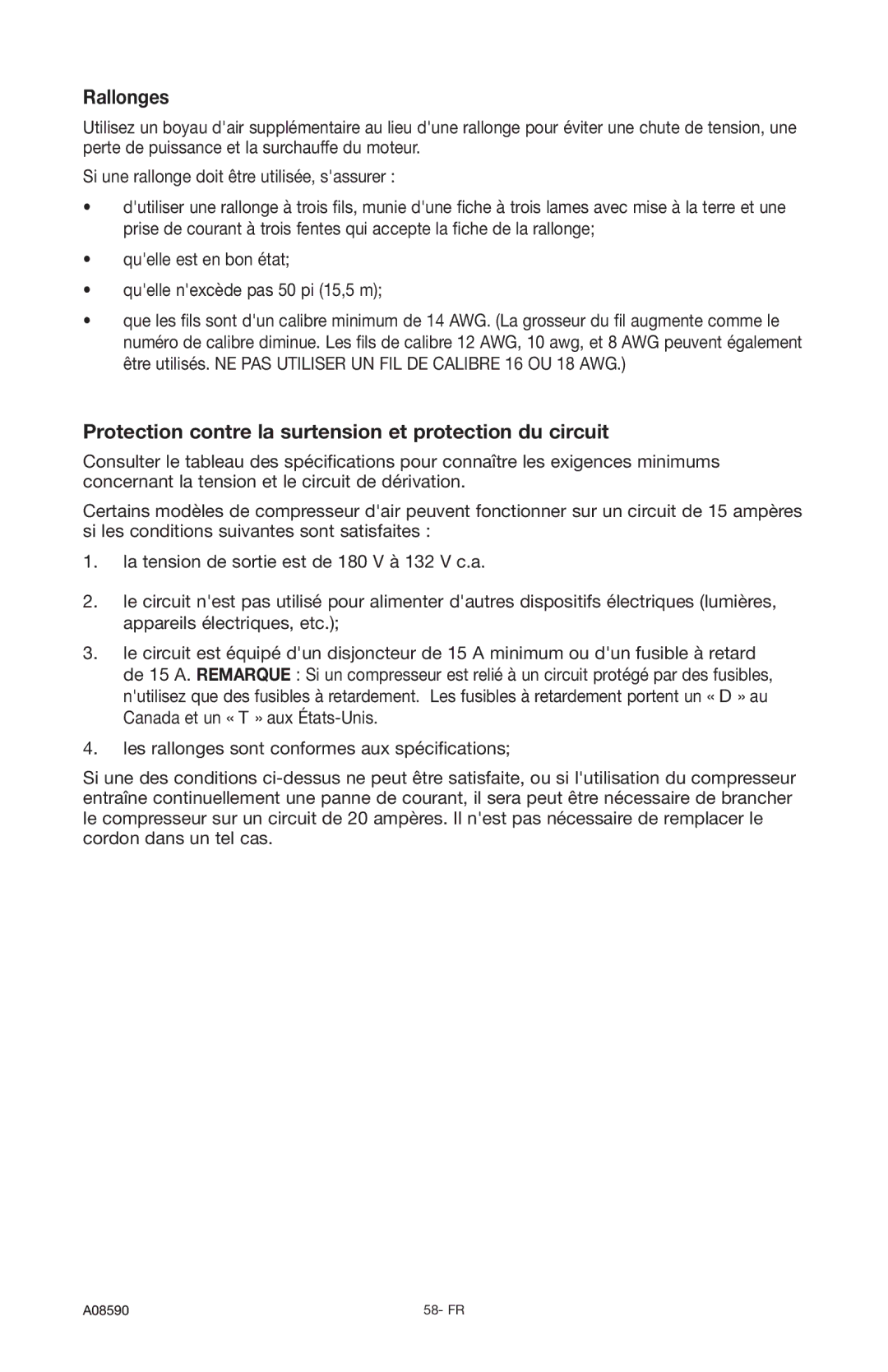 Delta A08590 instruction manual Rallonges, Protection contre la surtension et protection du circuit 