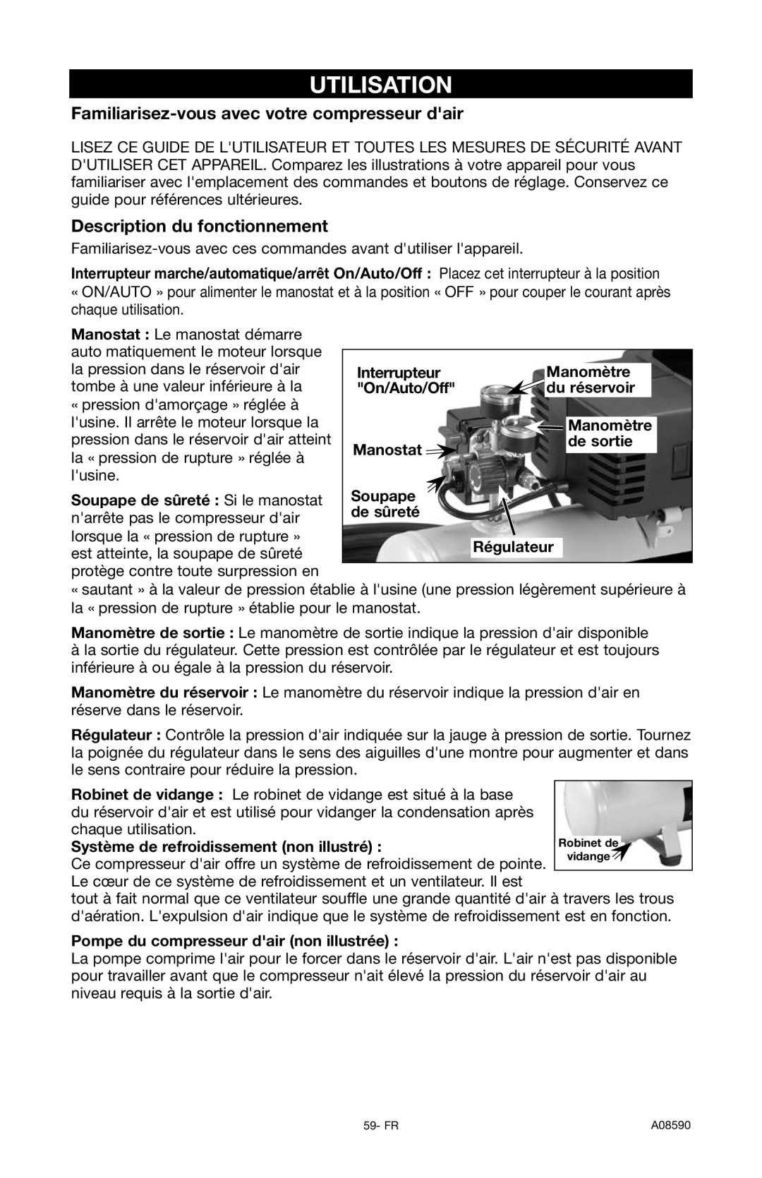 Delta A08590 instruction manual Utilisation, Familiarisez-vous avec votre compresseur dair, Description du fonctionnement 