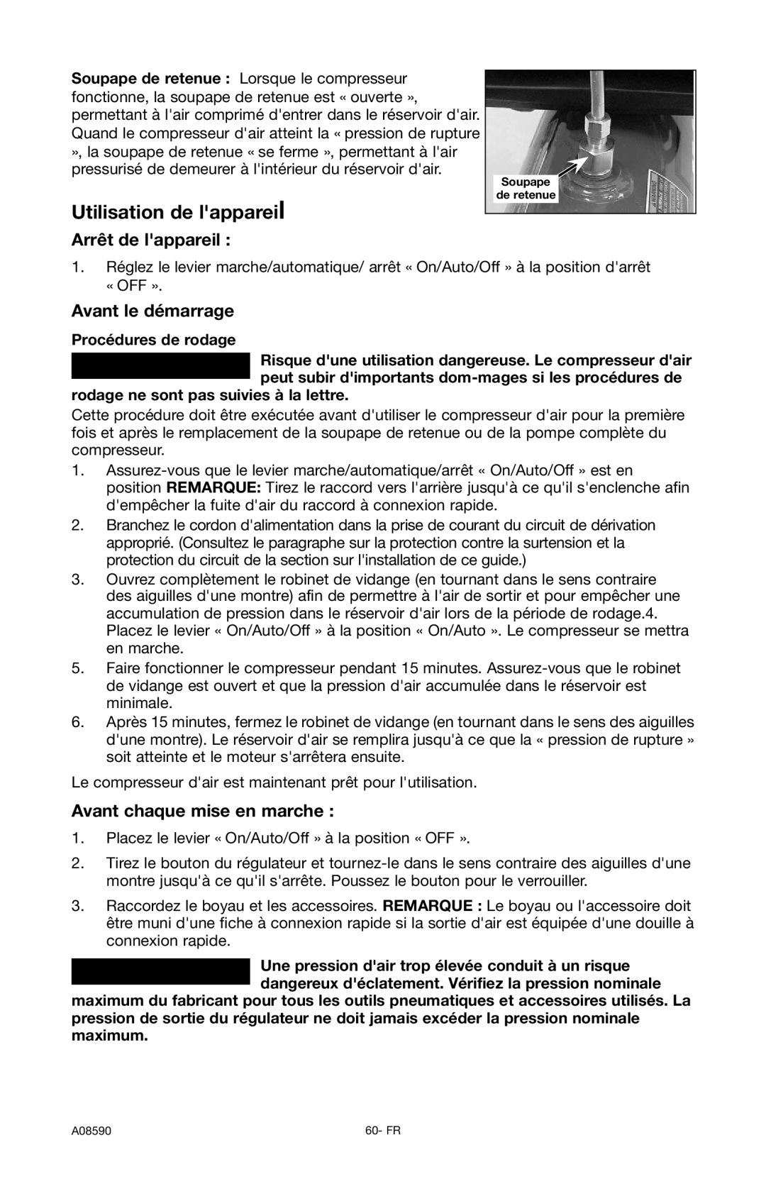 Delta A08590 Utilisation de lappareil, Arrêt de lappareil, Avant le démarrage, Avant chaque mise en marche 