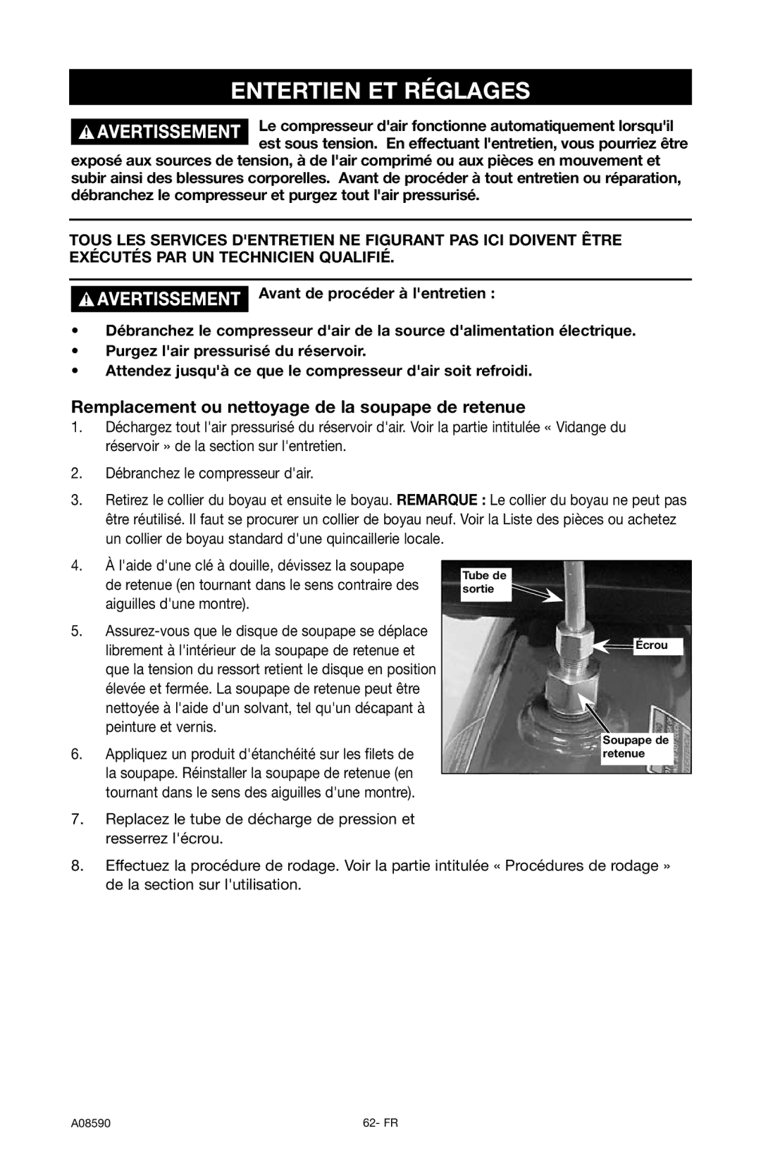 Delta A08590 instruction manual Entertien ET Réglages, Remplacement ou nettoyage de la soupape de retenue 