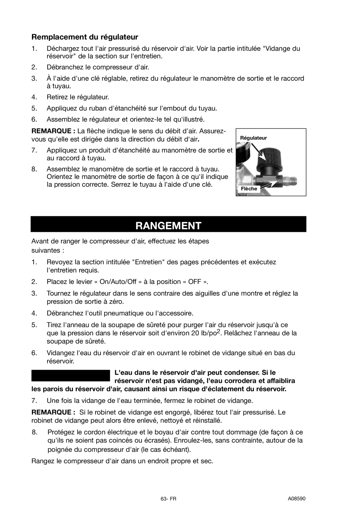 Delta A08590 instruction manual Rangement, Remplacement du régulateur 