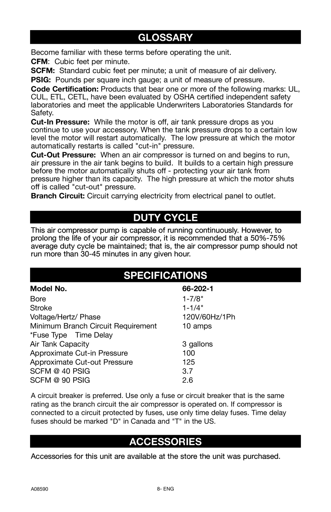 Delta A08590 instruction manual Glossary, Duty Cycle, Specifications, Accessories, Model No 66-202-1 