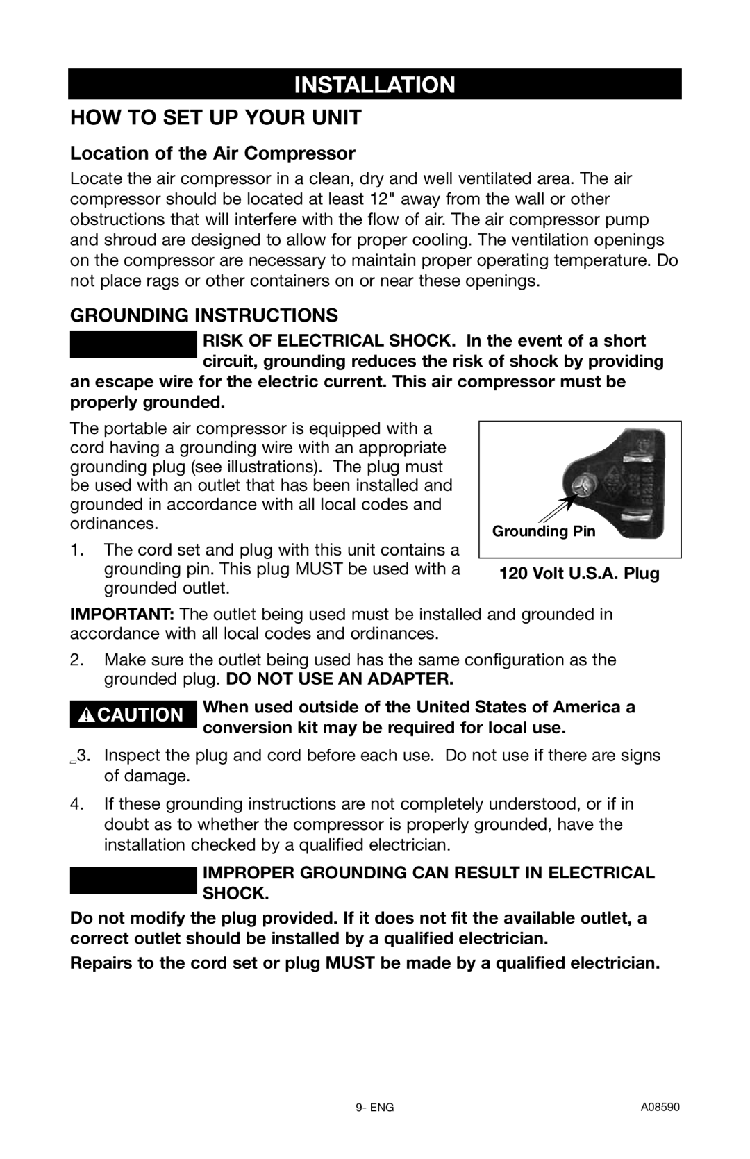 Delta A08590 instruction manual Installation, Location of the Air Compressor, Volt U.S.A. Plug, Grounding Pin 