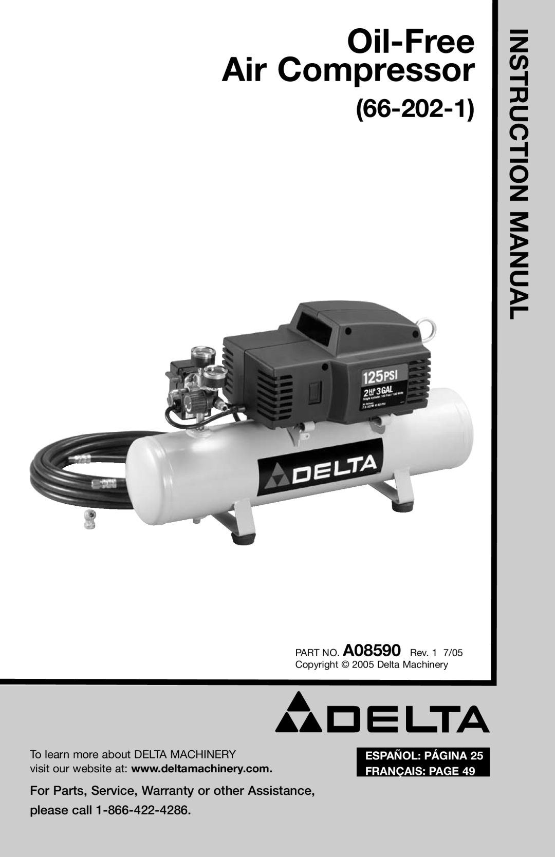 Delta A08590 instruction manual Oil-Free Air Compressor, 66-202-1, Instruction Manual, Español Página, Français Page 