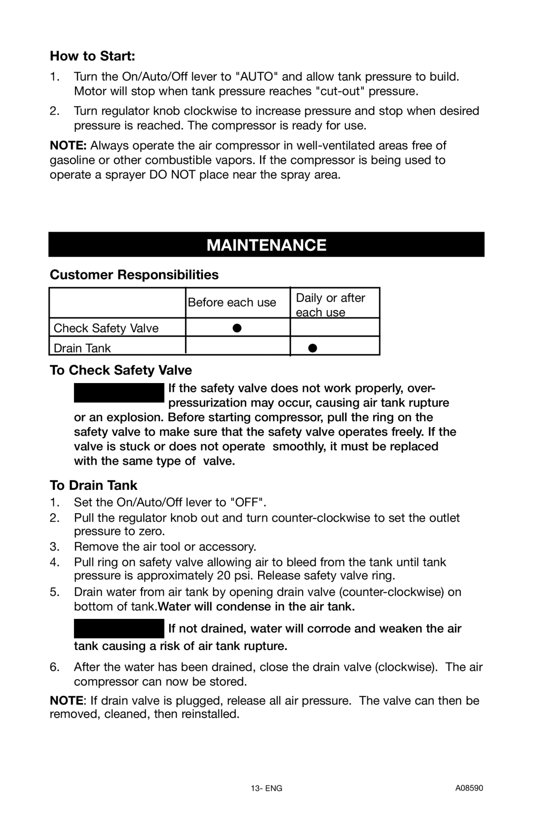 Delta A08590 instruction manual Maintenance, How to Start, Customer Responsibilities, To Check Safety Valve, To Drain Tank 