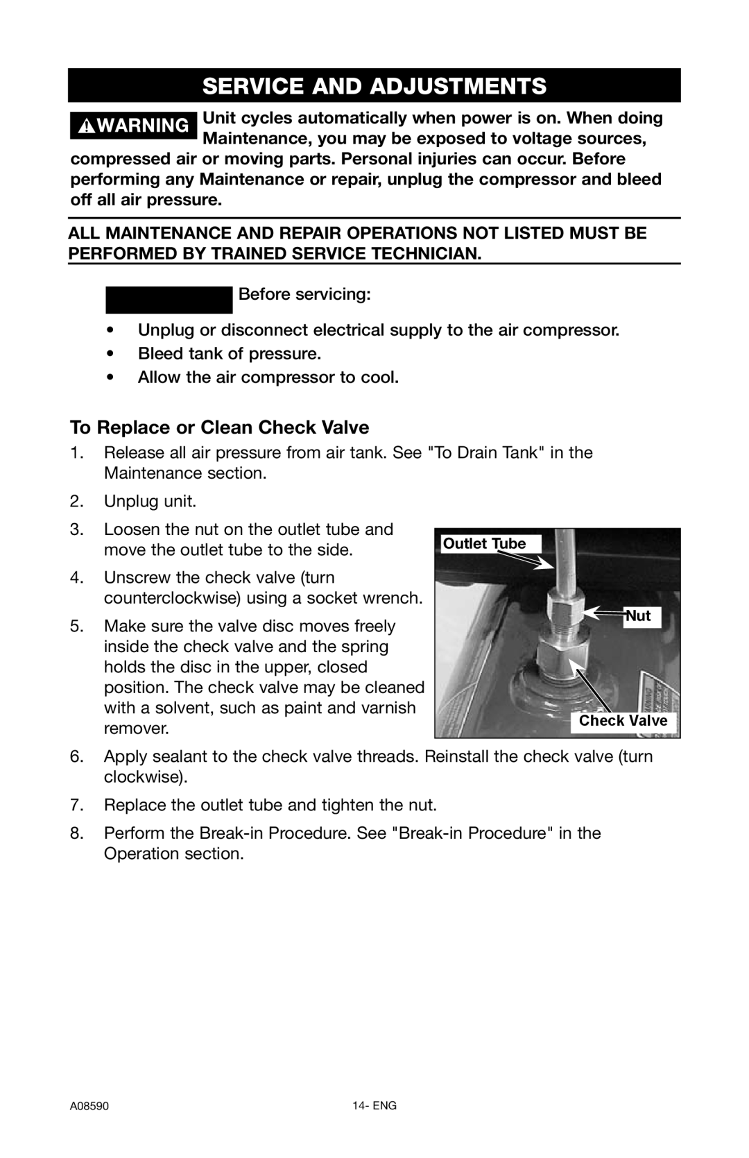 Delta A08590 instruction manual Service And Adjustments, To Replace or Clean Check Valve 