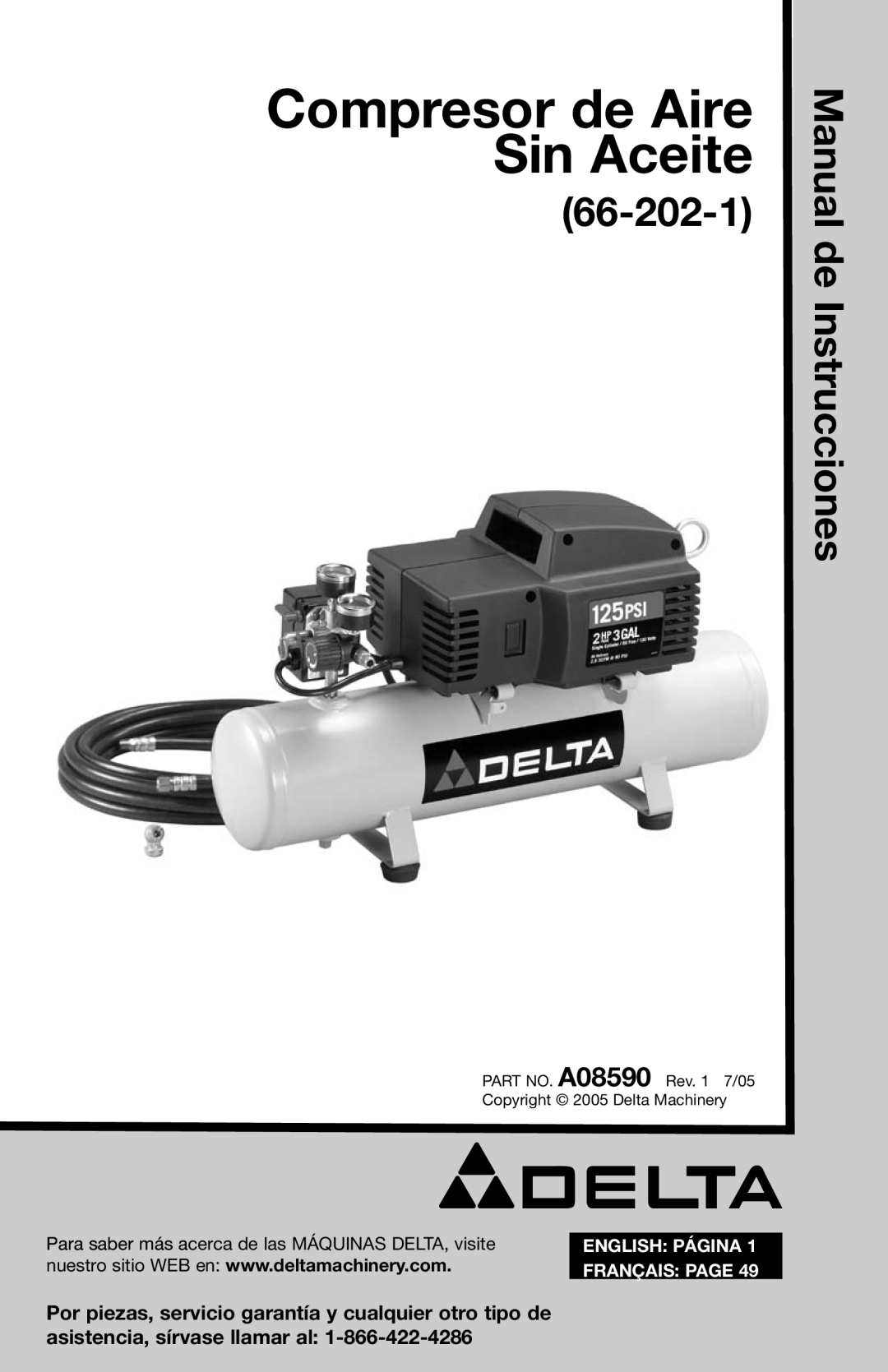 Delta A08590 Compresor de Aire Sin Aceite, Manual de Instrucciones, 66-202-1, English Página, Français Page 