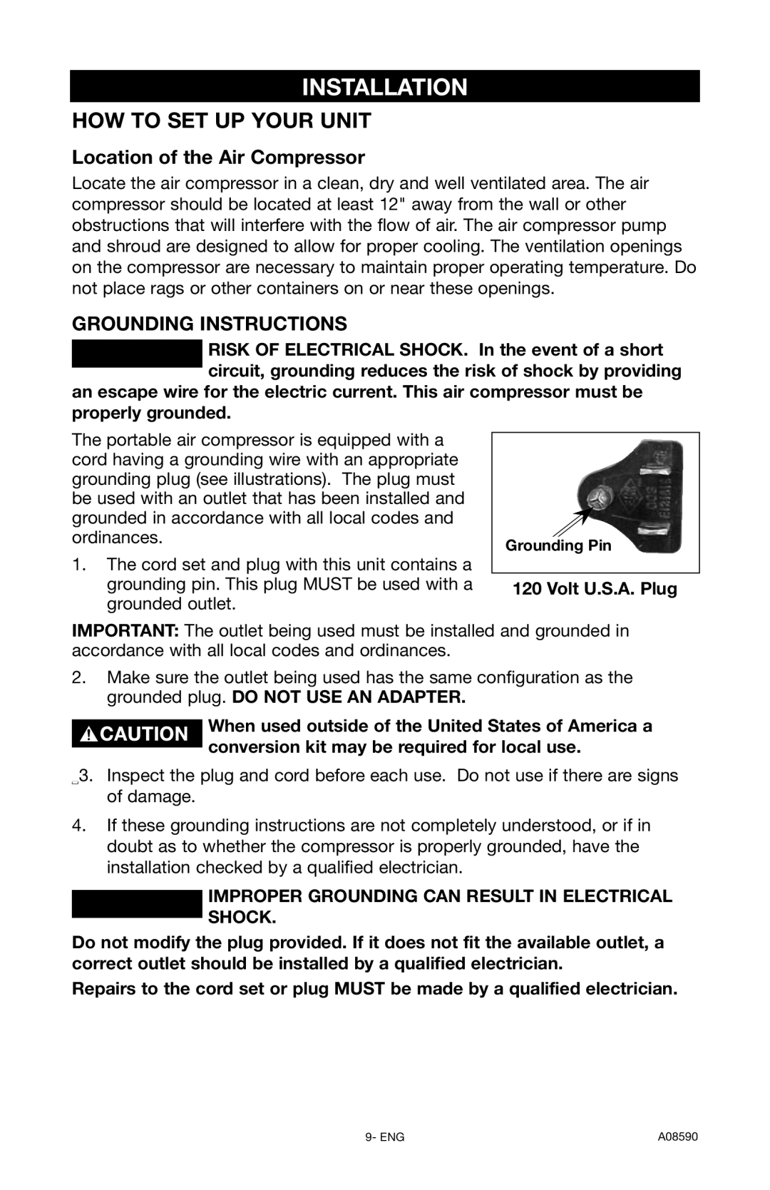 Delta A08590 Installation, How To Set Up Your Unit, Location of the Air Compressor, Grounding Instructions 