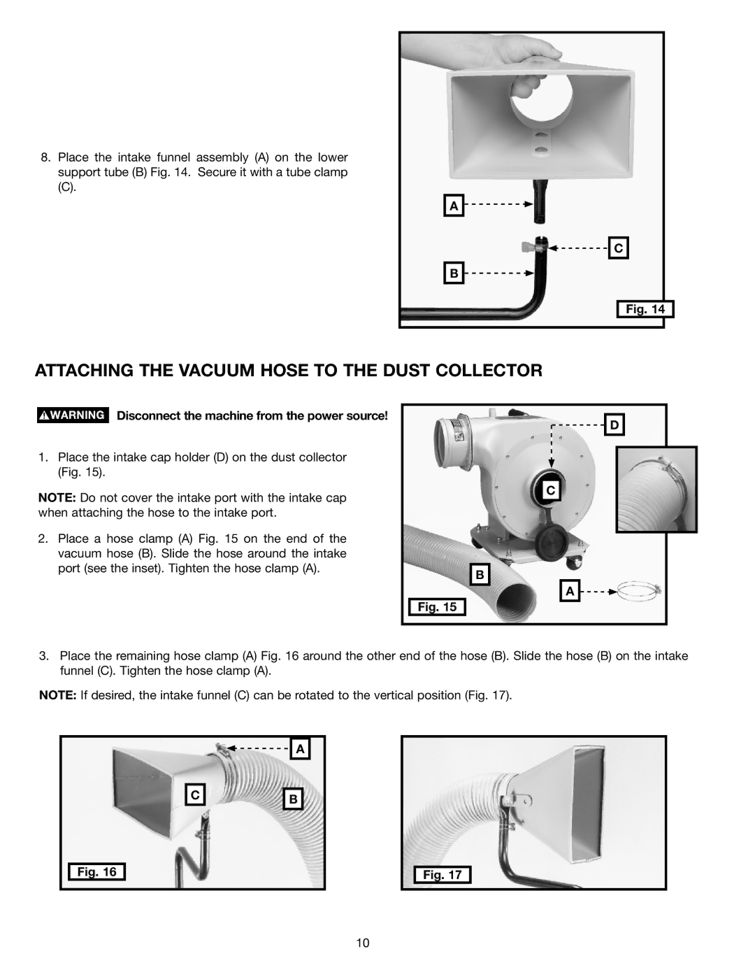 Delta A15098 instruction manual Attaching the Vacuum Hose to the Dust Collector 