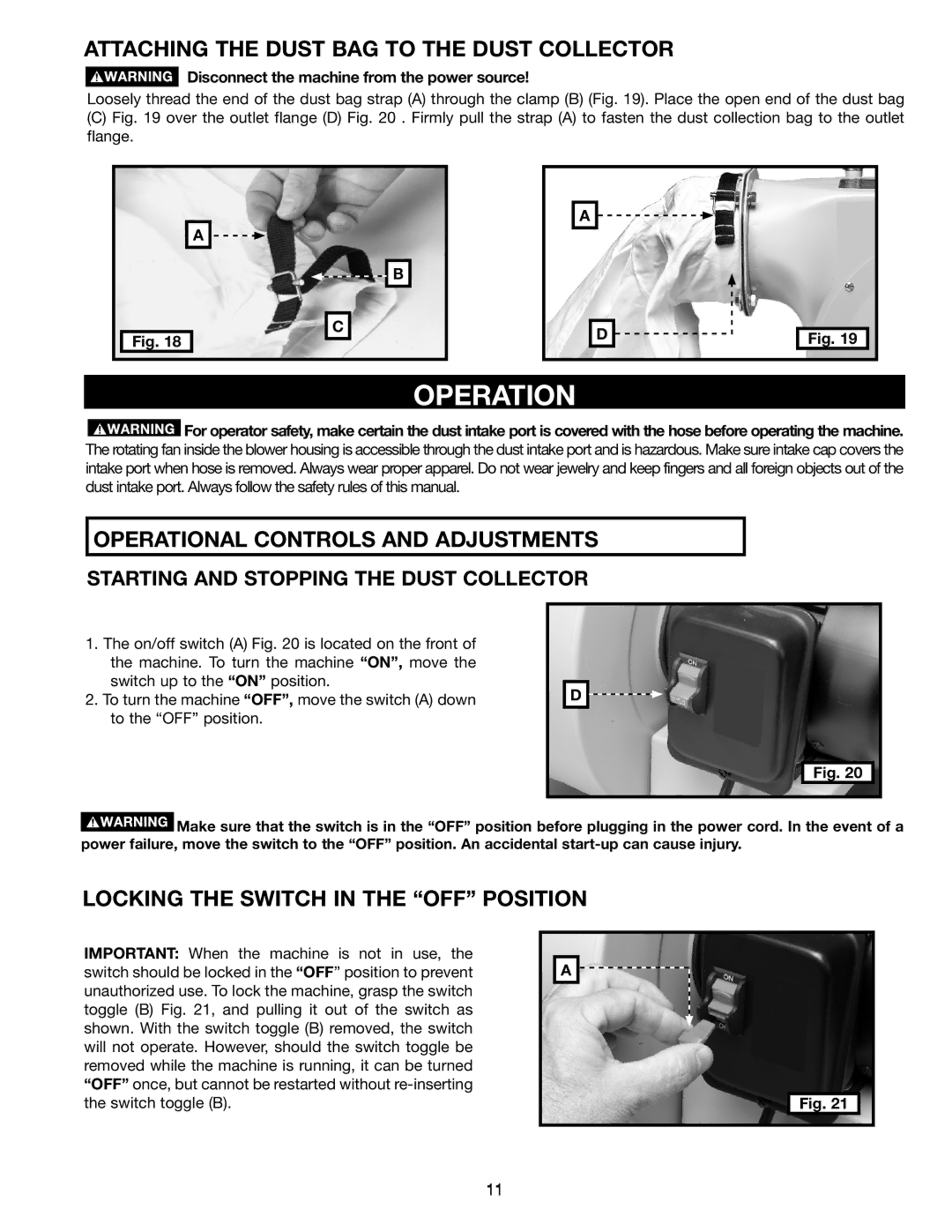 Delta A15098 instruction manual Attaching the Dust BAG to the Dust Collector, Operational Controls and Adjustments 