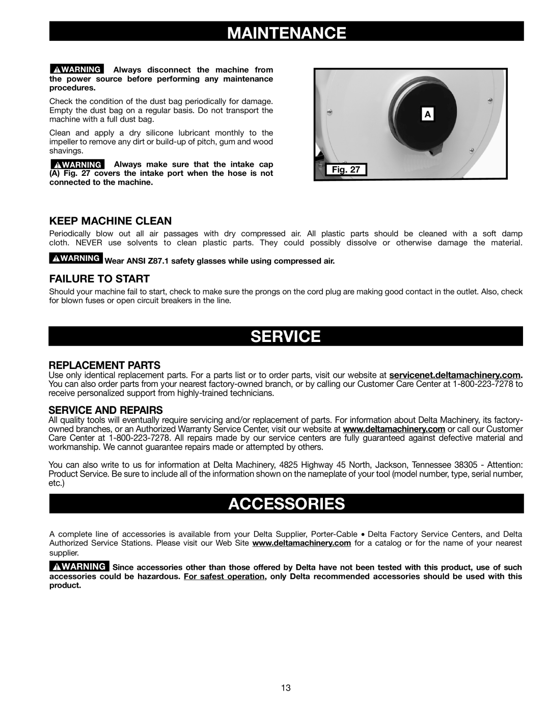 Delta A15098 instruction manual Maintenance, Service, Accessories 