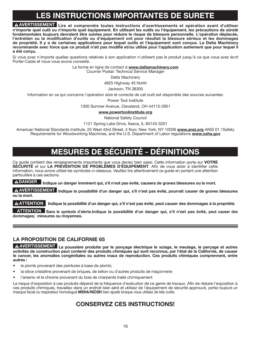 Delta A15098 LES Instructions Importantes DE Surete, Mesures DE Sécurité Définitions, Conservez CES Instructions 