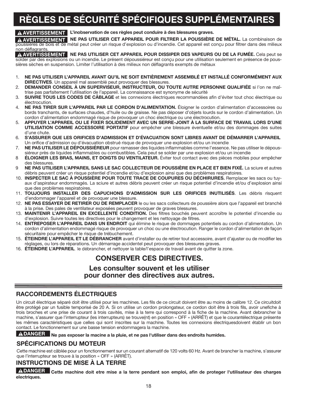 Delta A15098 Règles DE Sécurité Spécifiques Supplémentaires, Conserver CES Directives, Raccordements Électriques 