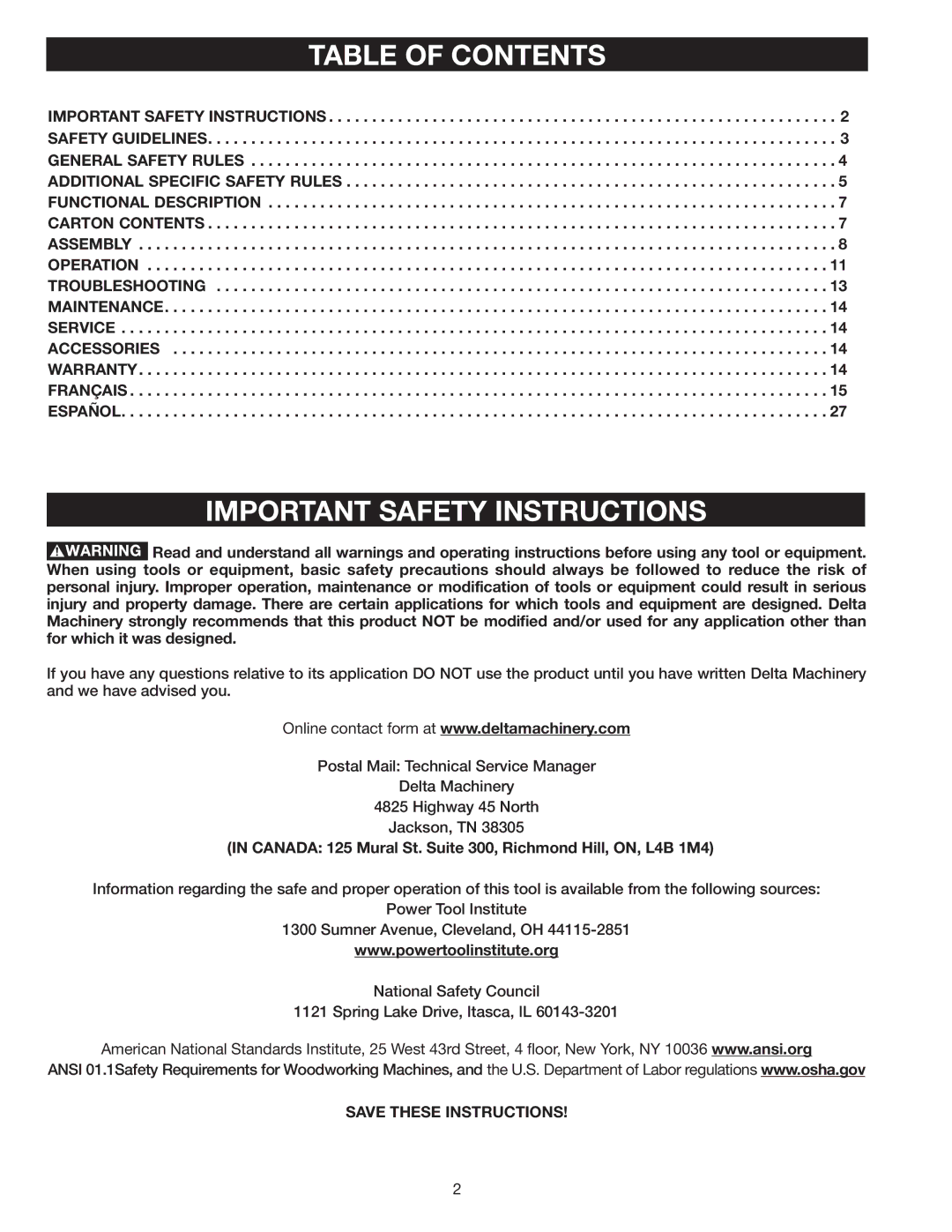 Delta A15098 instruction manual Table of Contents, Important Safety Instructions 