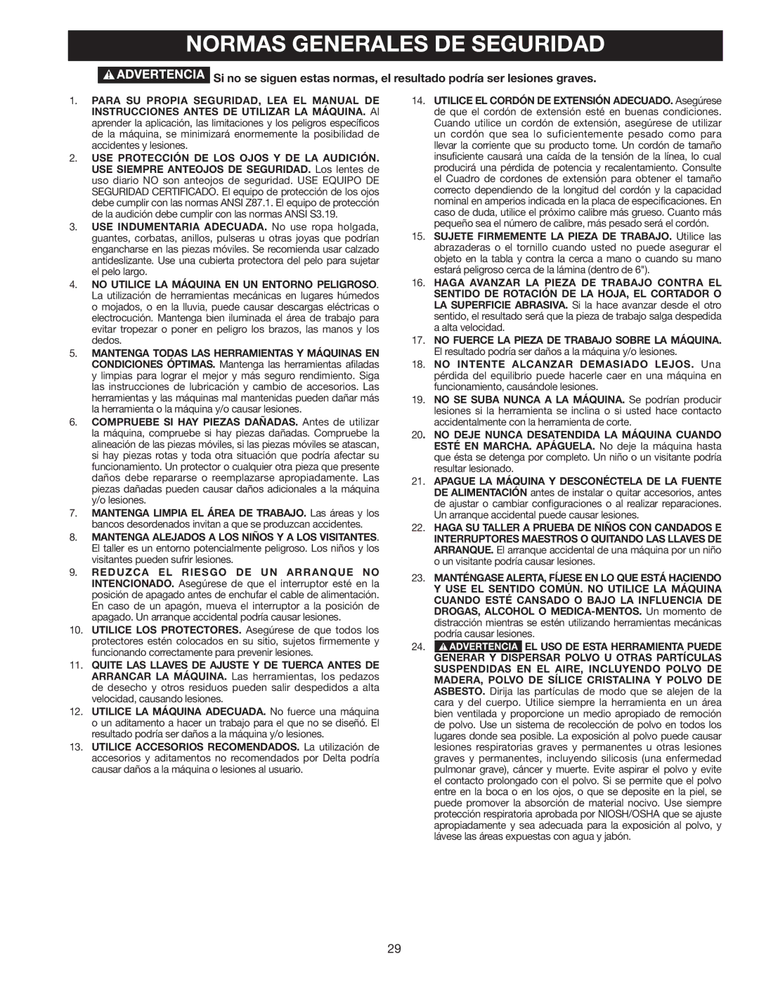 Delta A15098 instruction manual Normas Generales DE Seguridad 