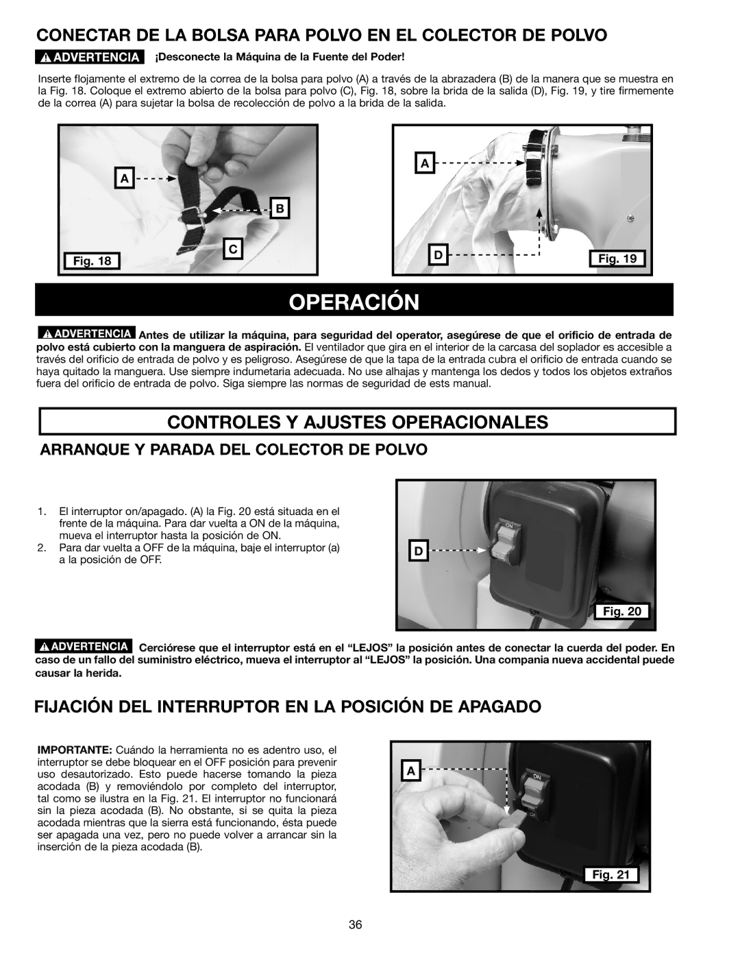 Delta A15098 instruction manual Operación, Conectar DE LA Bolsa Para Polvo EN EL Colector DE Polvo 