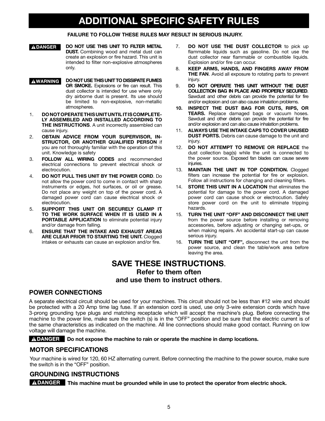 Delta A15098 Additional Specific Safety Rules, Power Connections, Motor Specifications, Grounding Instructions 