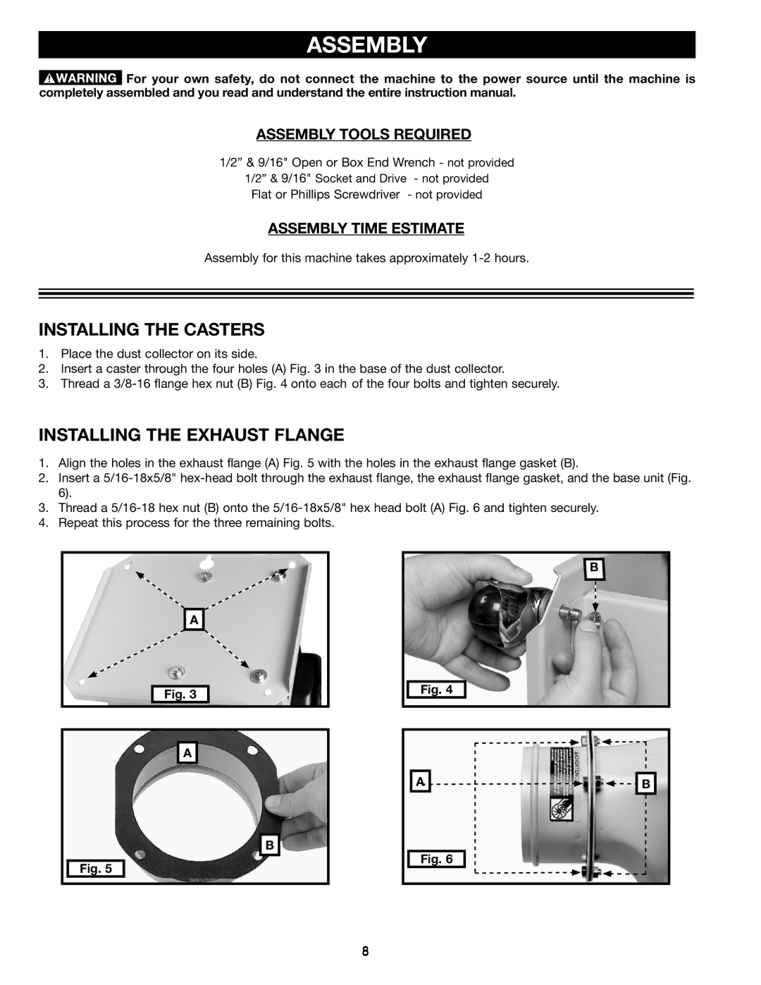 Delta A15098 Installing the Casters, Installing the Exhaust Flange, Assembly Tools Required, Assembly Time Estimate 