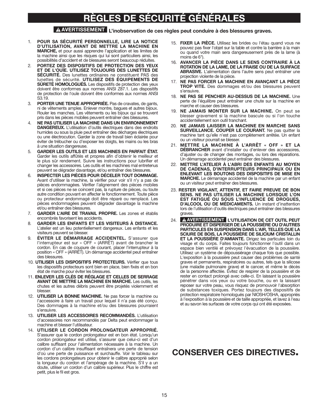 Delta AP-100 instruction manual Règles DE Sécurité Générales, Lutilisation DE CET Outil Peut 