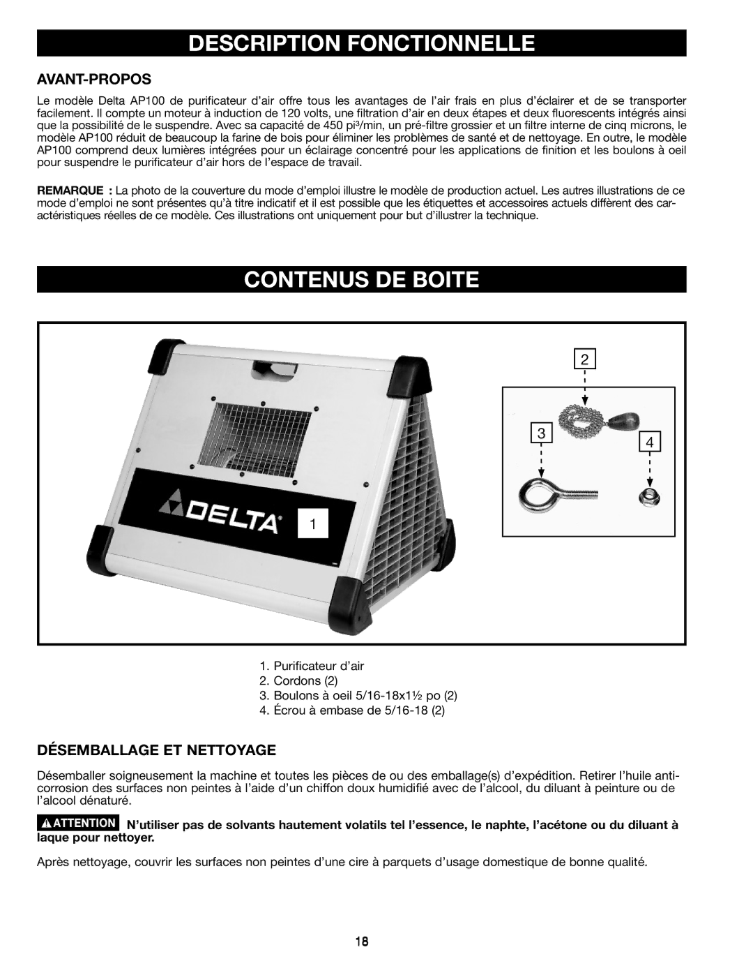 Delta AP-100 instruction manual Description Fonctionnelle, Contenus DE Boite, Avant-Propos, Désemballage ET Nettoyage 