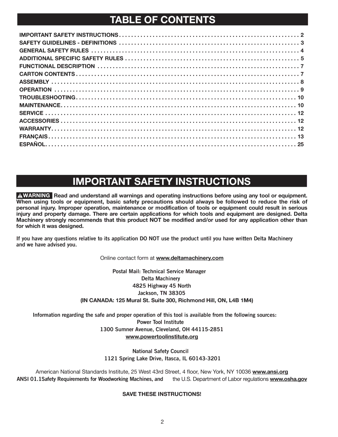 Delta AP-100 instruction manual Table of Contents, Important Safety Instructions 