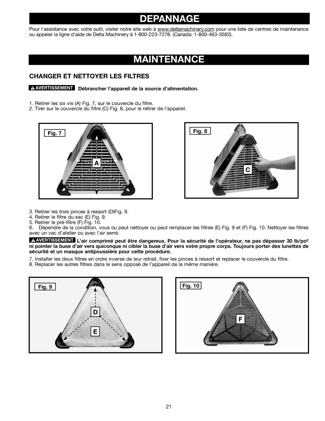 Delta AP-100 instruction manual Depannage Maintenance, Changer ET Nettoyer LES Filtres 