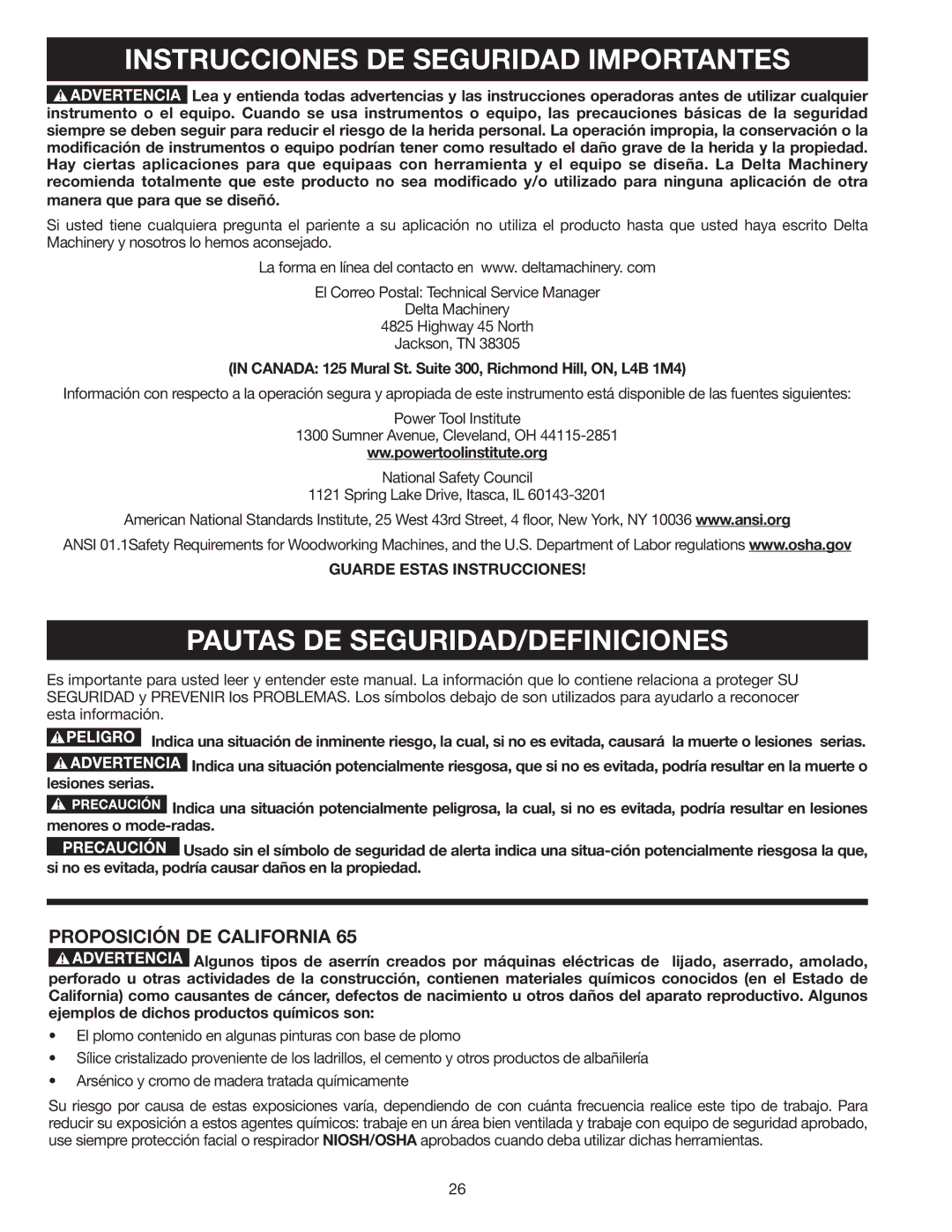 Delta AP-100 Instrucciones DE Seguridad Importantes, Pautas DE SEGURIDAD/DEFINICIONES, Proposición DE California 