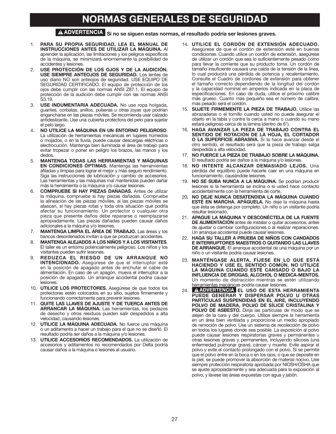 Delta AP-100 instruction manual Normas Generales DE Seguridad, EL USO DE Esta Herramienta 