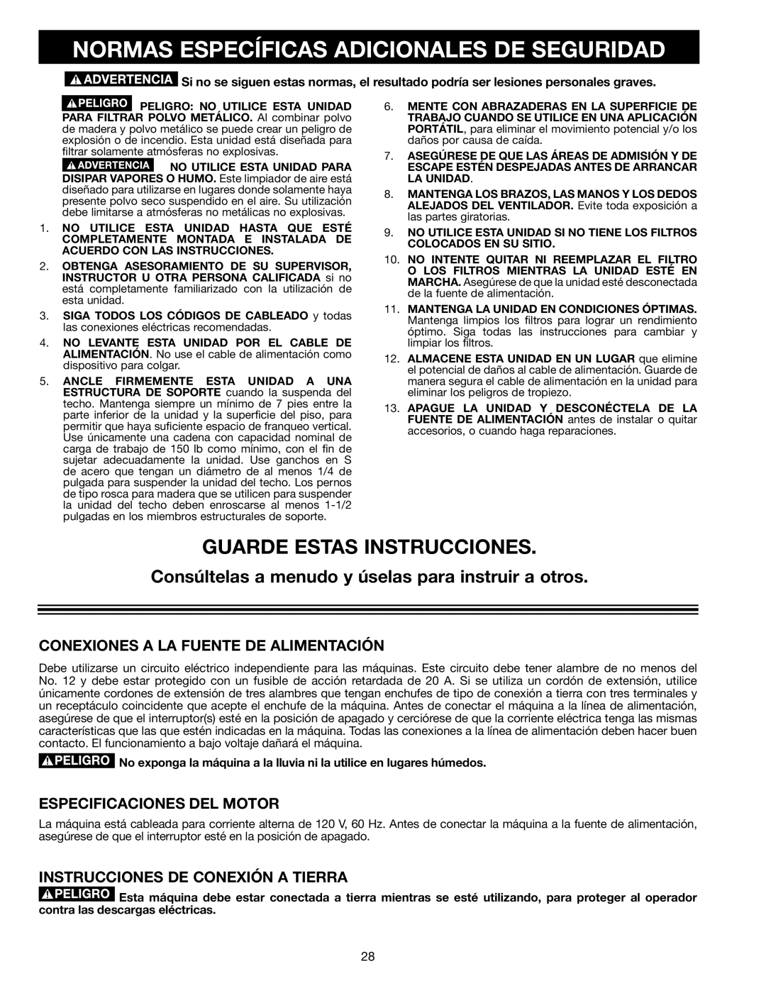 Delta AP-100 instruction manual Normas Específicas Adicionales DE Seguridad, Conexiones a LA Fuente DE Alimentación 