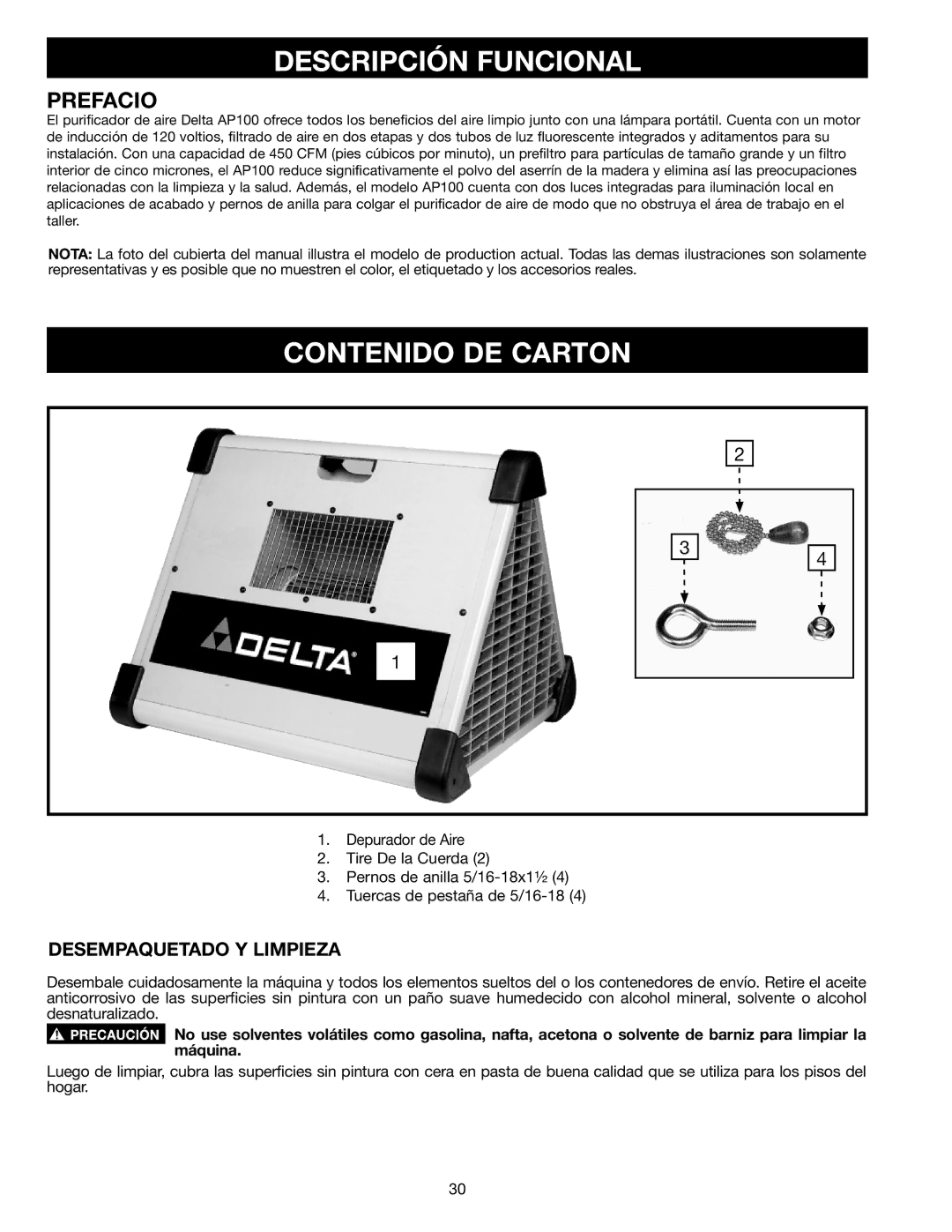 Delta AP-100 instruction manual Descripción Funcional, Contenido DE Carton, Desempaquetado Y Limpieza 