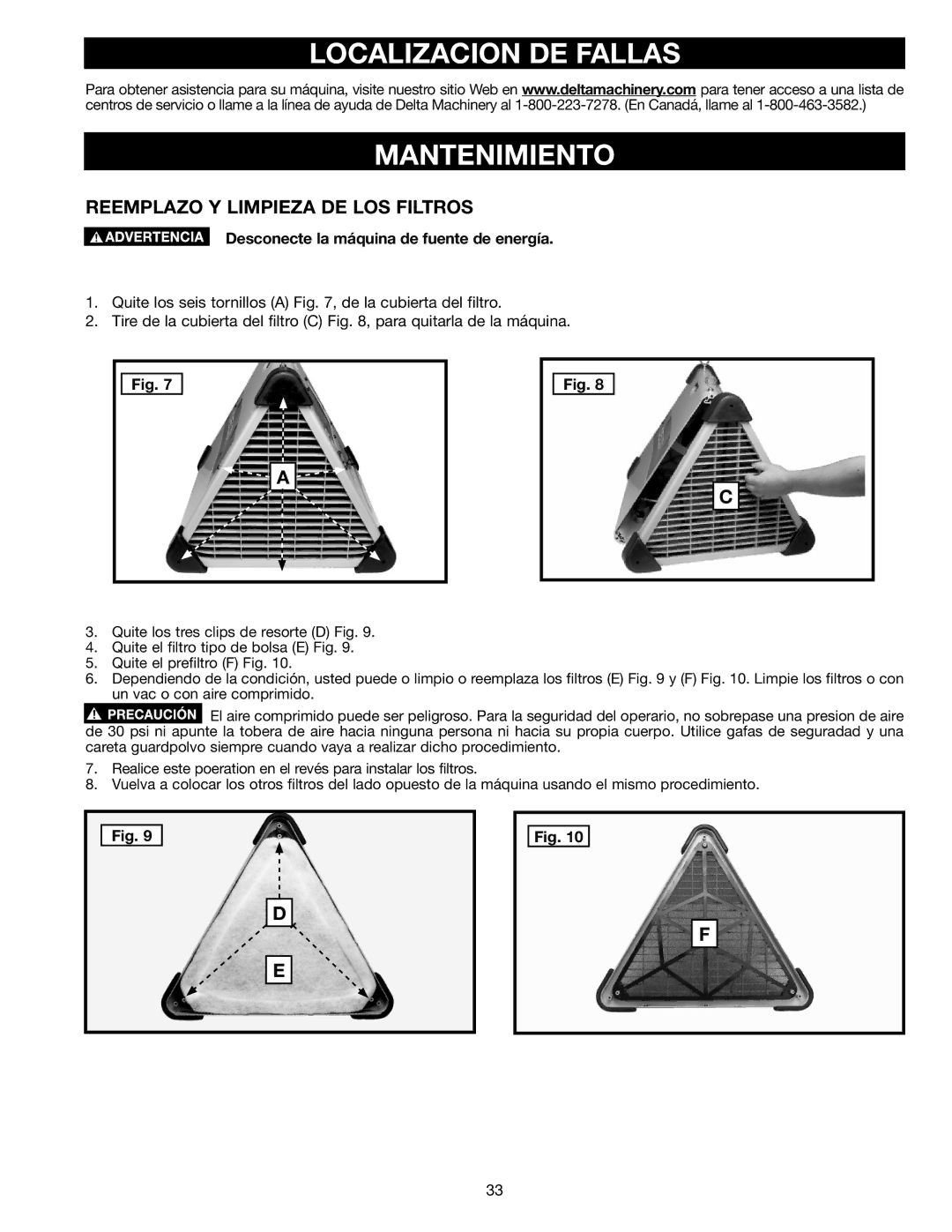 Delta AP-100 instruction manual Localizacion DE Fallas Mantenimiento, Reemplazo Y Limpieza DE LOS Filtros 