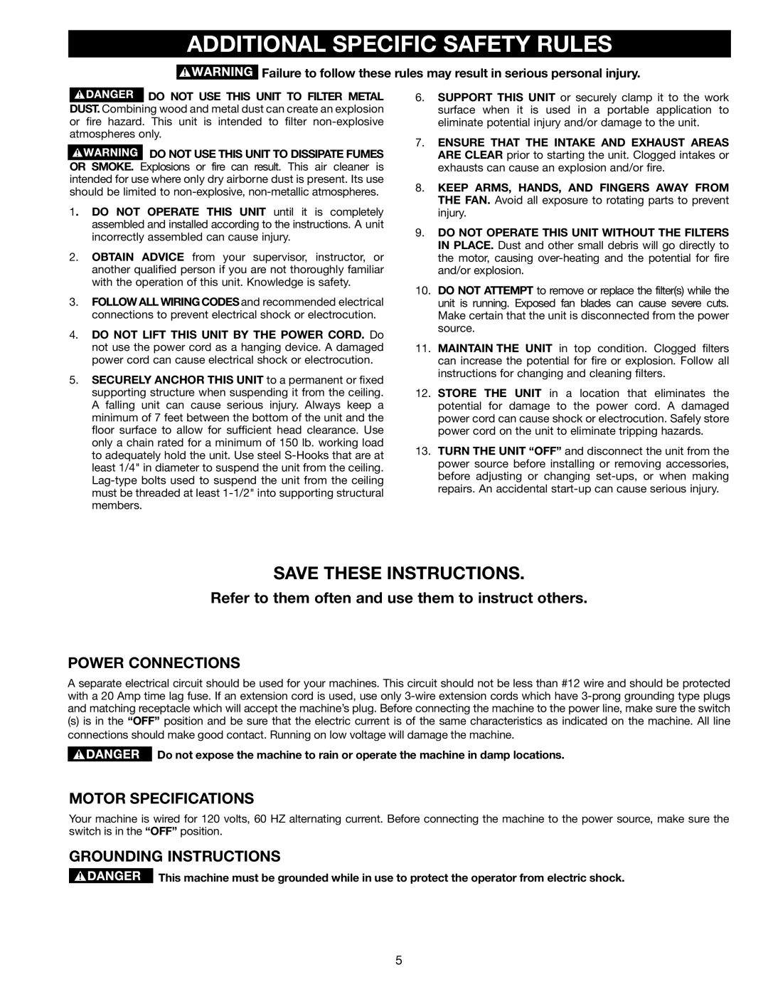 Delta AP-100 Additional Specific Safety Rules, Power Connections, Motor Specifications, Grounding Instructions 