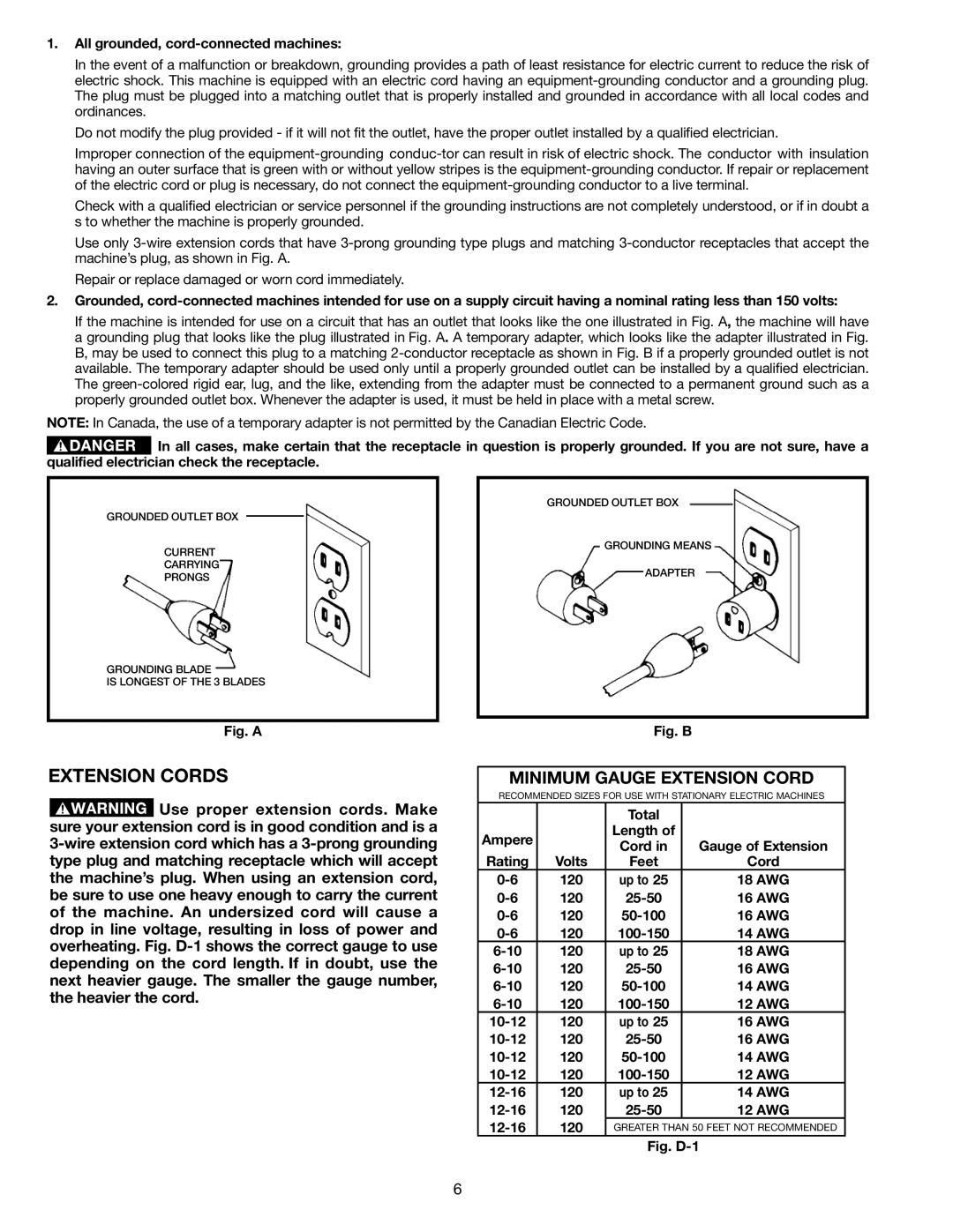 Delta AP-100 instruction manual Extension Cords, All grounded, cord-connected machines 