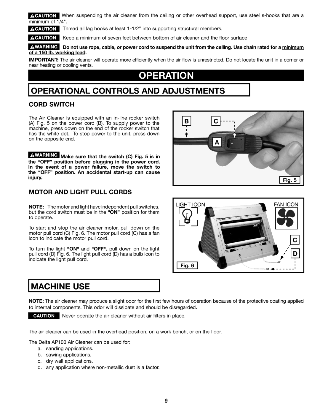 Delta AP-100 instruction manual Operation, Cord Switch, Motor and Light Pull Cords 