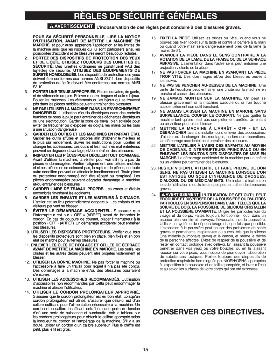 Delta AP-100 instruction manual Règles De Sécurité Générales, Conserver Ces Directives 