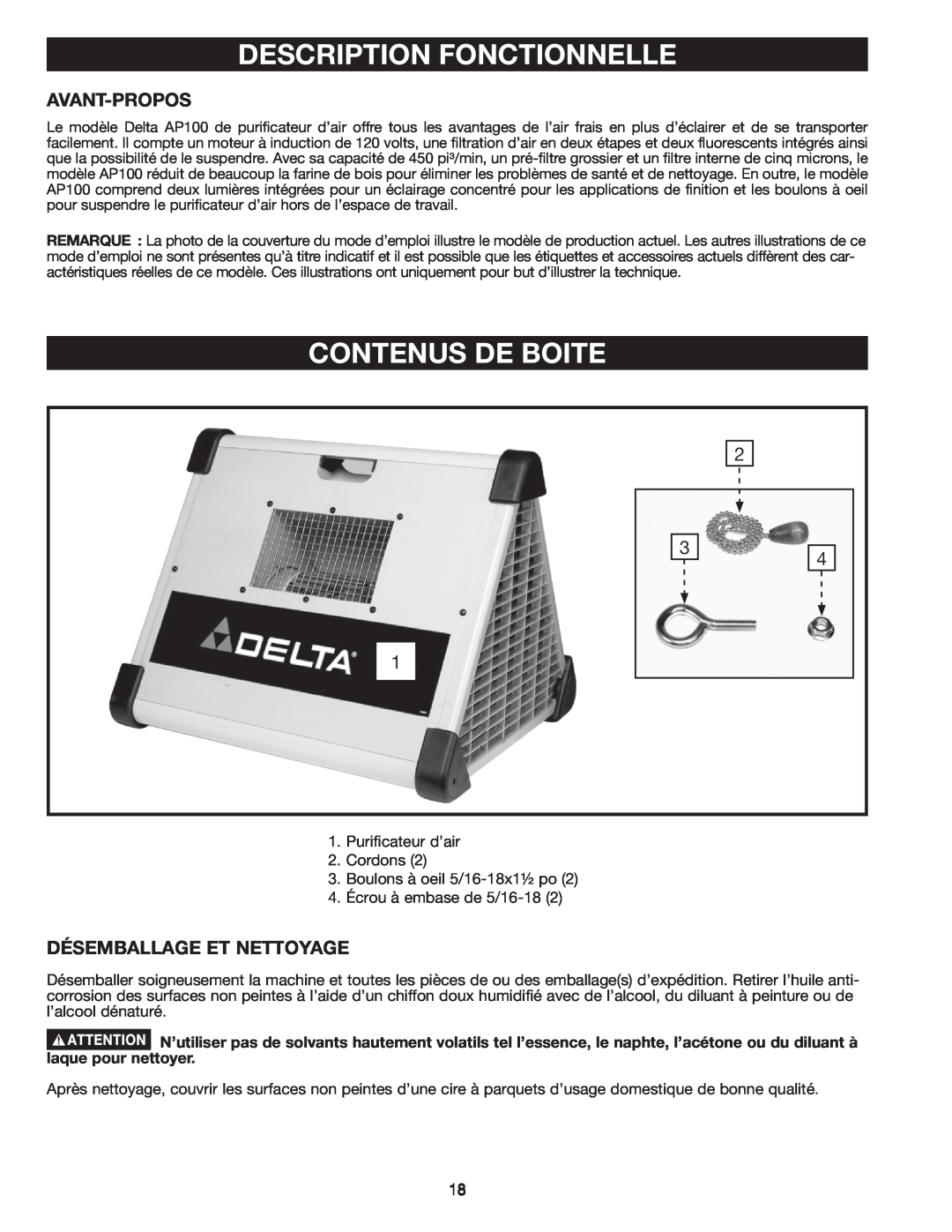Delta AP-100 instruction manual Description Fonctionnelle, Contenus De Boite, Avant-Propos, Désemballage Et Nettoyage 