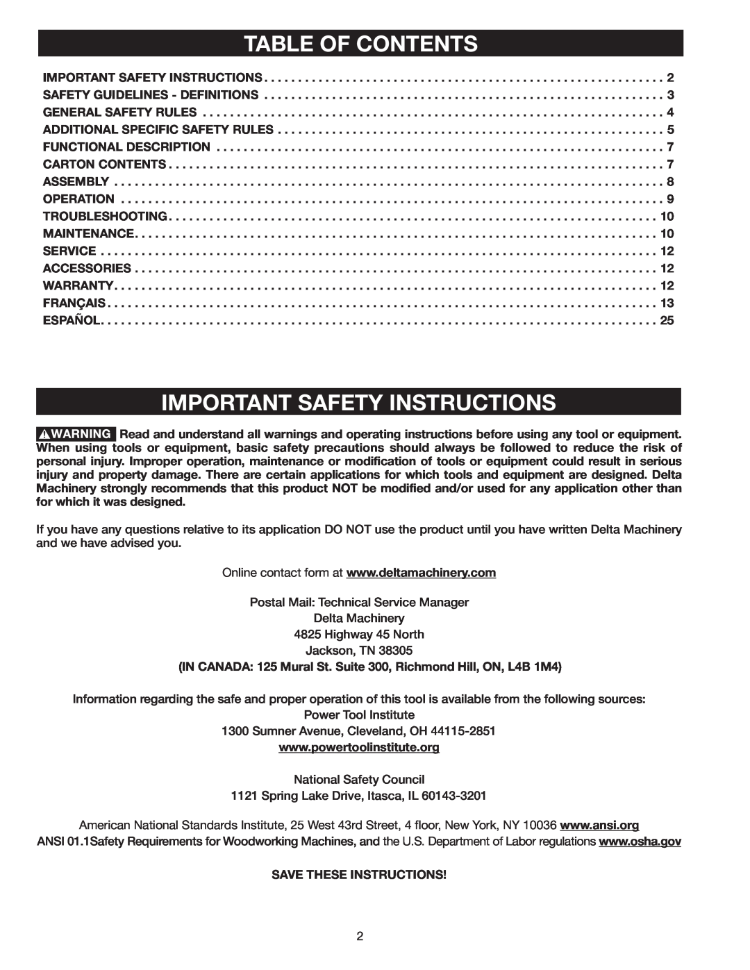 Delta AP-100 instruction manual Table Of Contents, Important Safety Instructions, Save These Instructions 